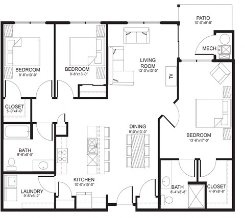 Floor plan for 3 beds, 2 baths, 1324 sqft